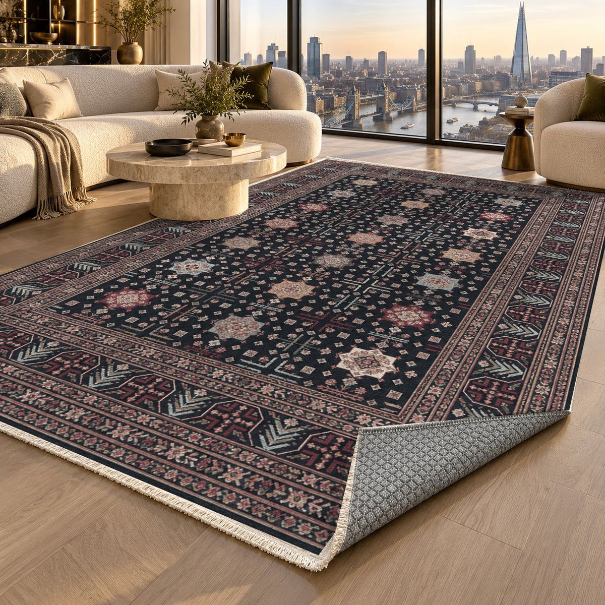 Ornamental Geometric Slate Rose Ethnic Washable Rug — london luxury living