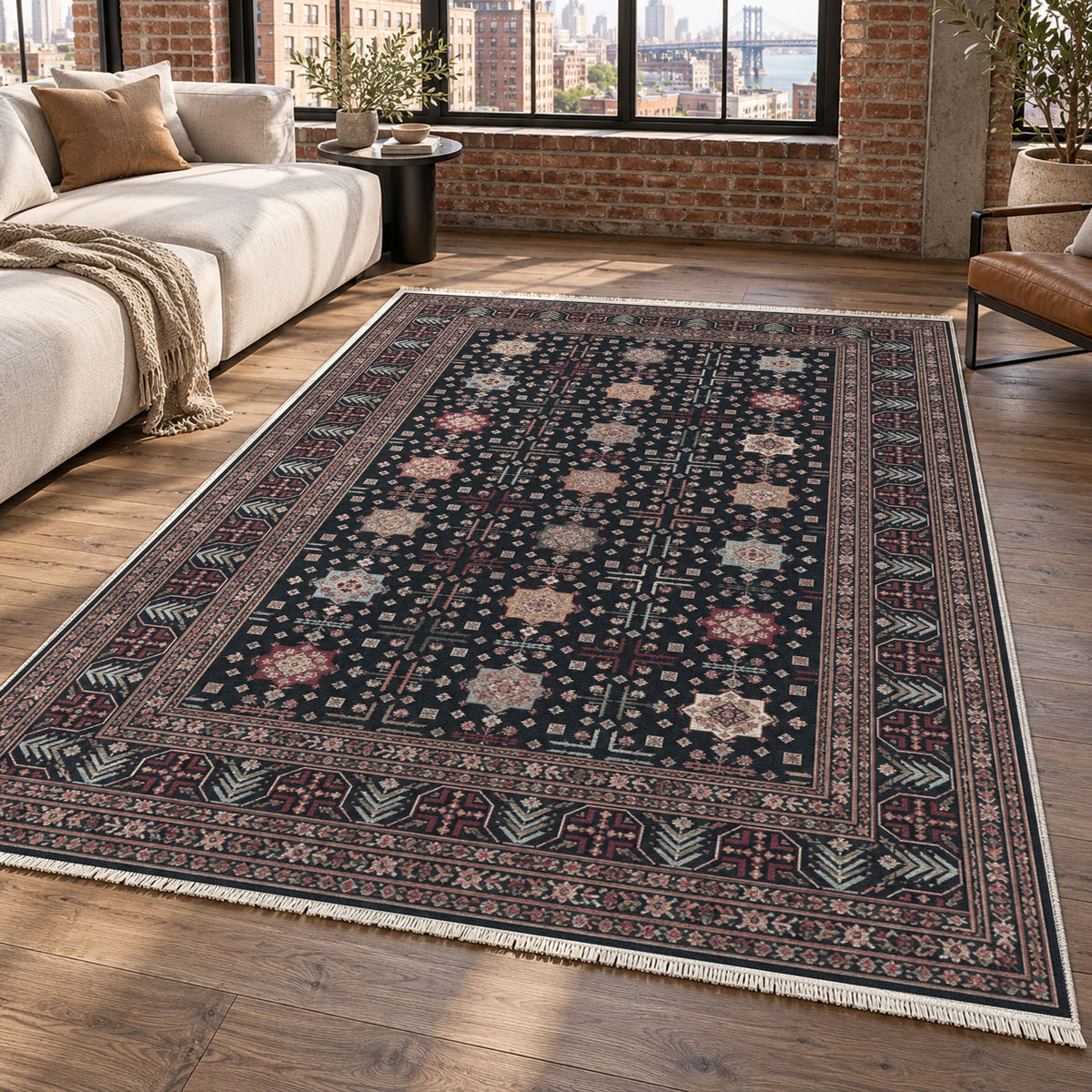 Ornamental Geometric Slate Rose Ethnic Washable Rug — new york living