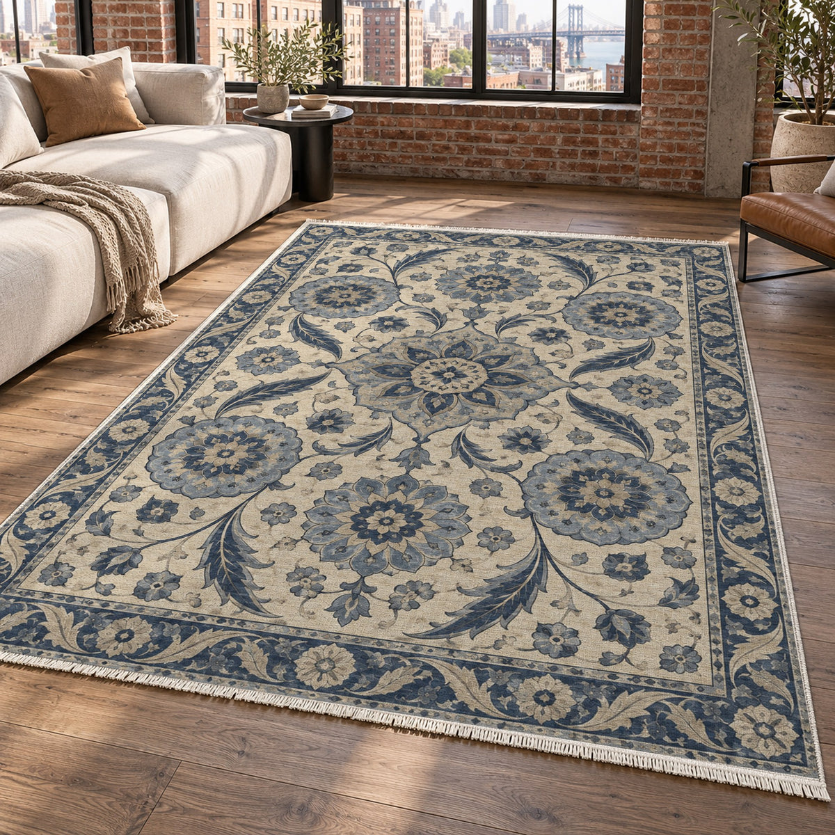 Ottoman Rosettes Blue Ivory Classic Washable Rug — new york living