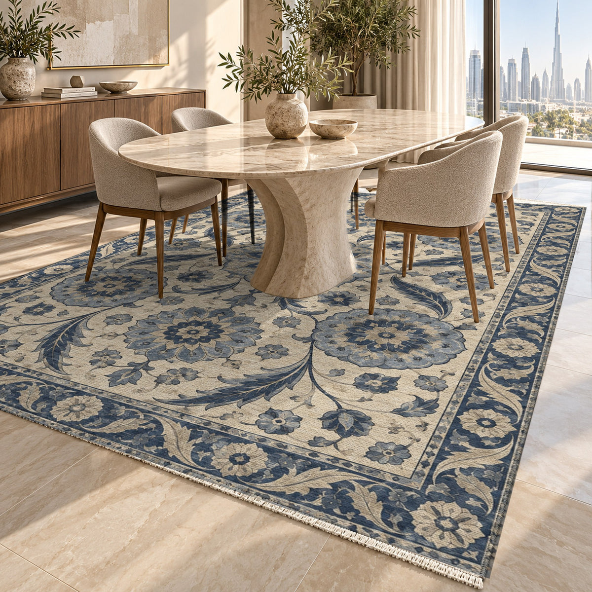 Ottoman Rosettes Blue Ivory Classic Washable Rug — dubai dining