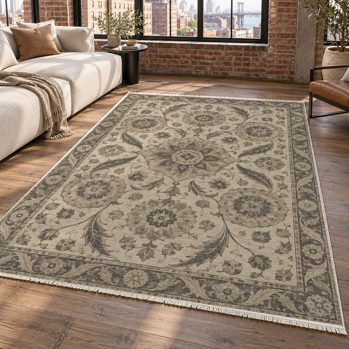 Ottoman Rosettes Ivory Taupe Classic Washable Rug — new york living