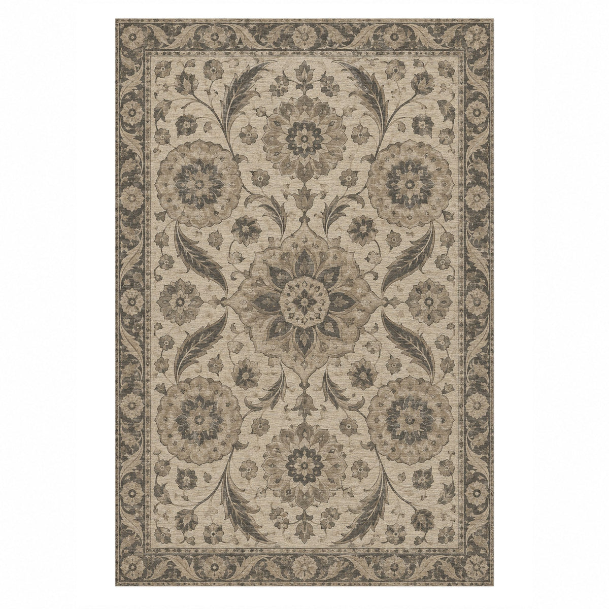 Ottoman Rosettes Ivory Taupe Classic Washable Rug — top view