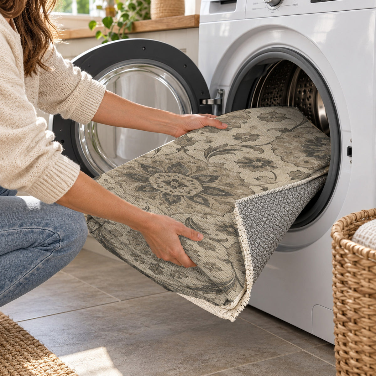 Ottoman Rosettes Ivory Taupe Classic Washable Rug — washing machine