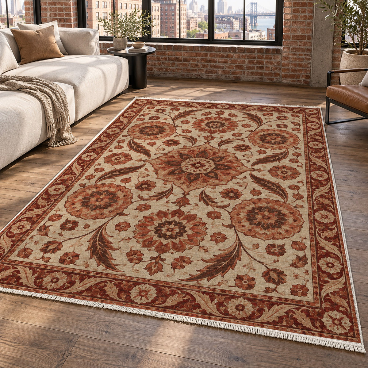Ottoman Rosettes Rust Sand Classic Washable Rug — new york living