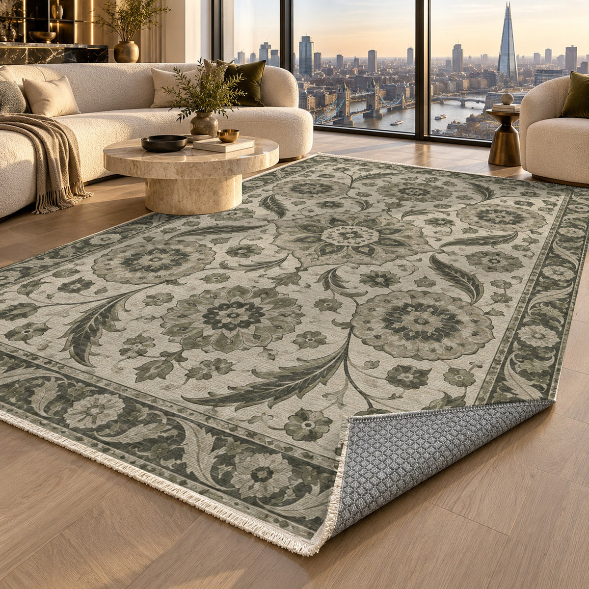 Ottoman Rosettes Sage Stone Classic Washable Rug — london luxury living