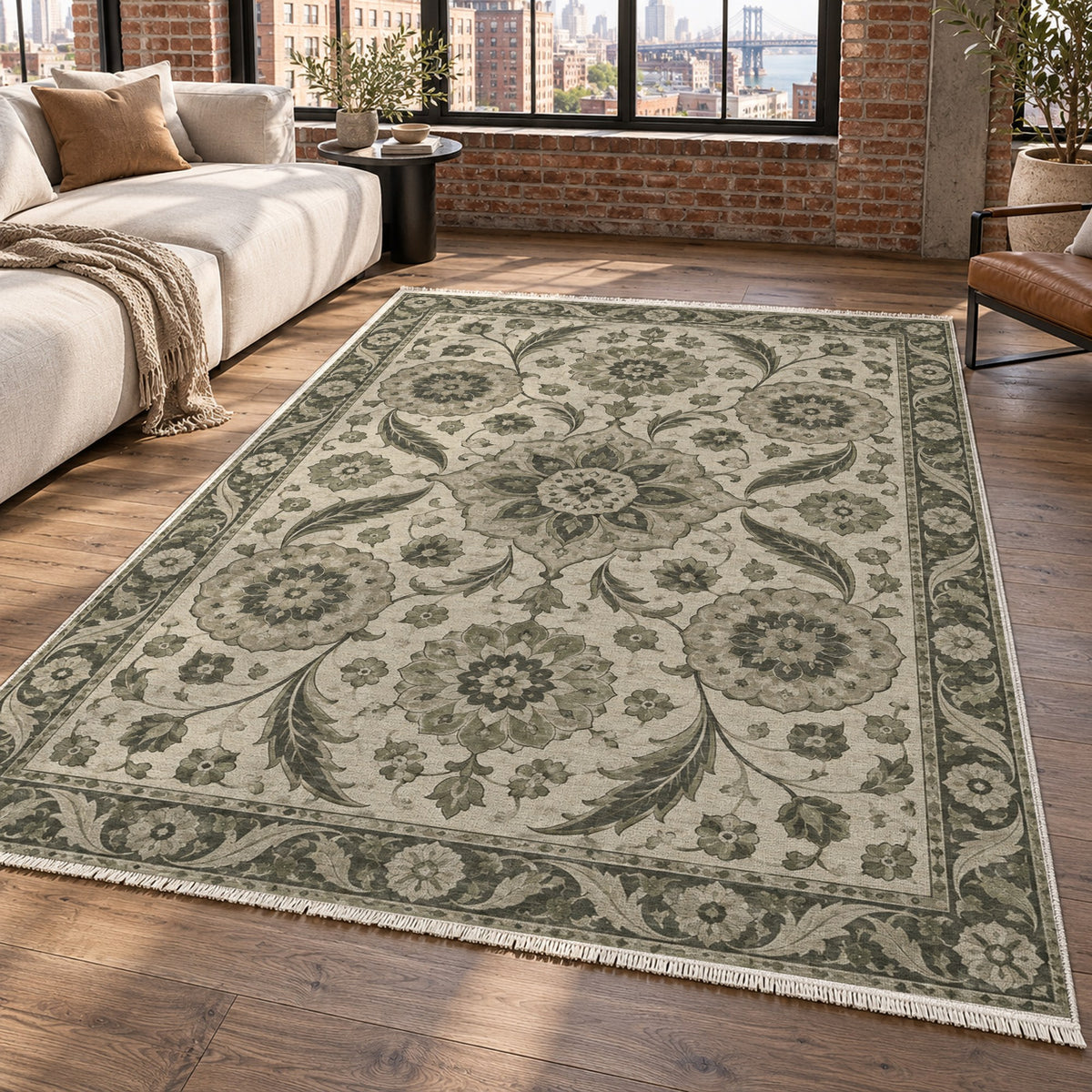 Ottoman Rosettes Sage Stone Classic Washable Rug — new york living