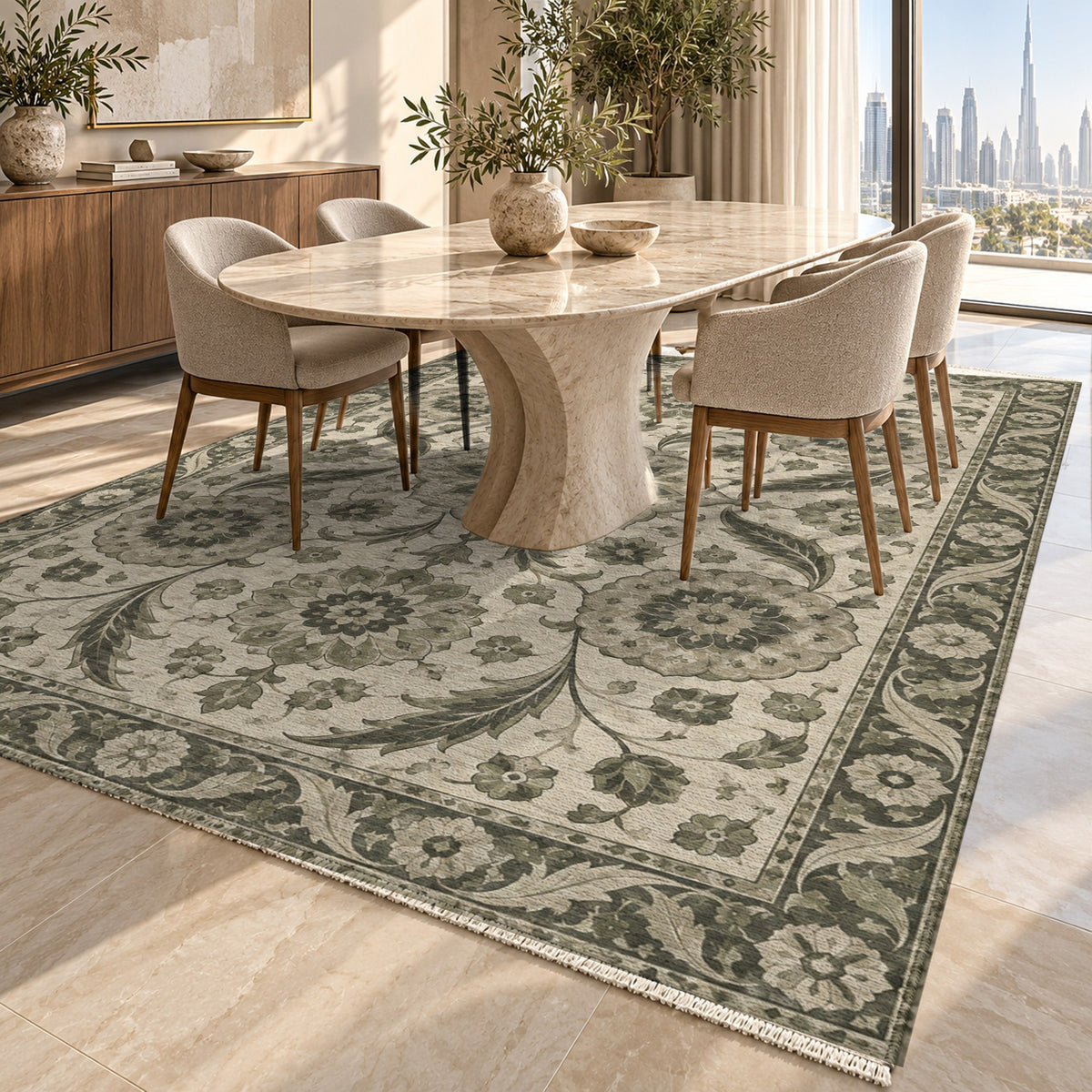 Ottoman Rosettes Sage Stone Classic Washable Rug — dubai dining