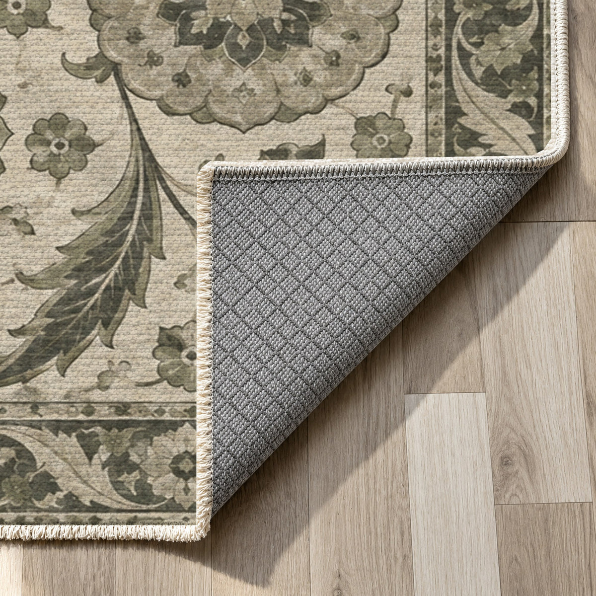 Ottoman Rosettes Sage Stone Classic Washable Rug — backing close up