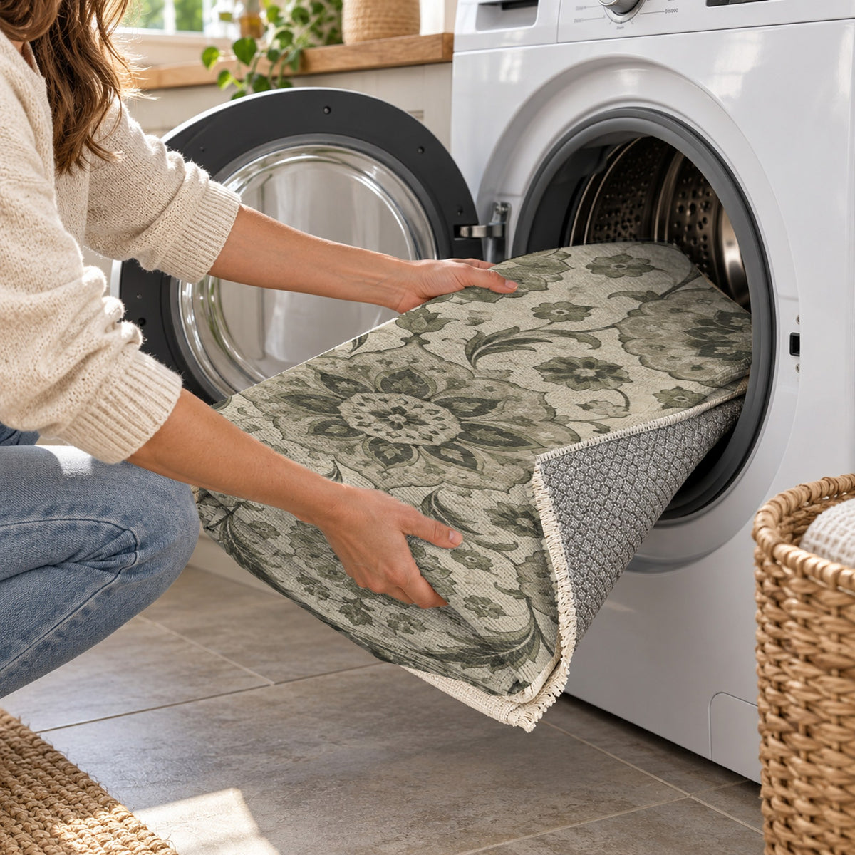 Ottoman Rosettes Sage Stone Classic Washable Rug — washing machine