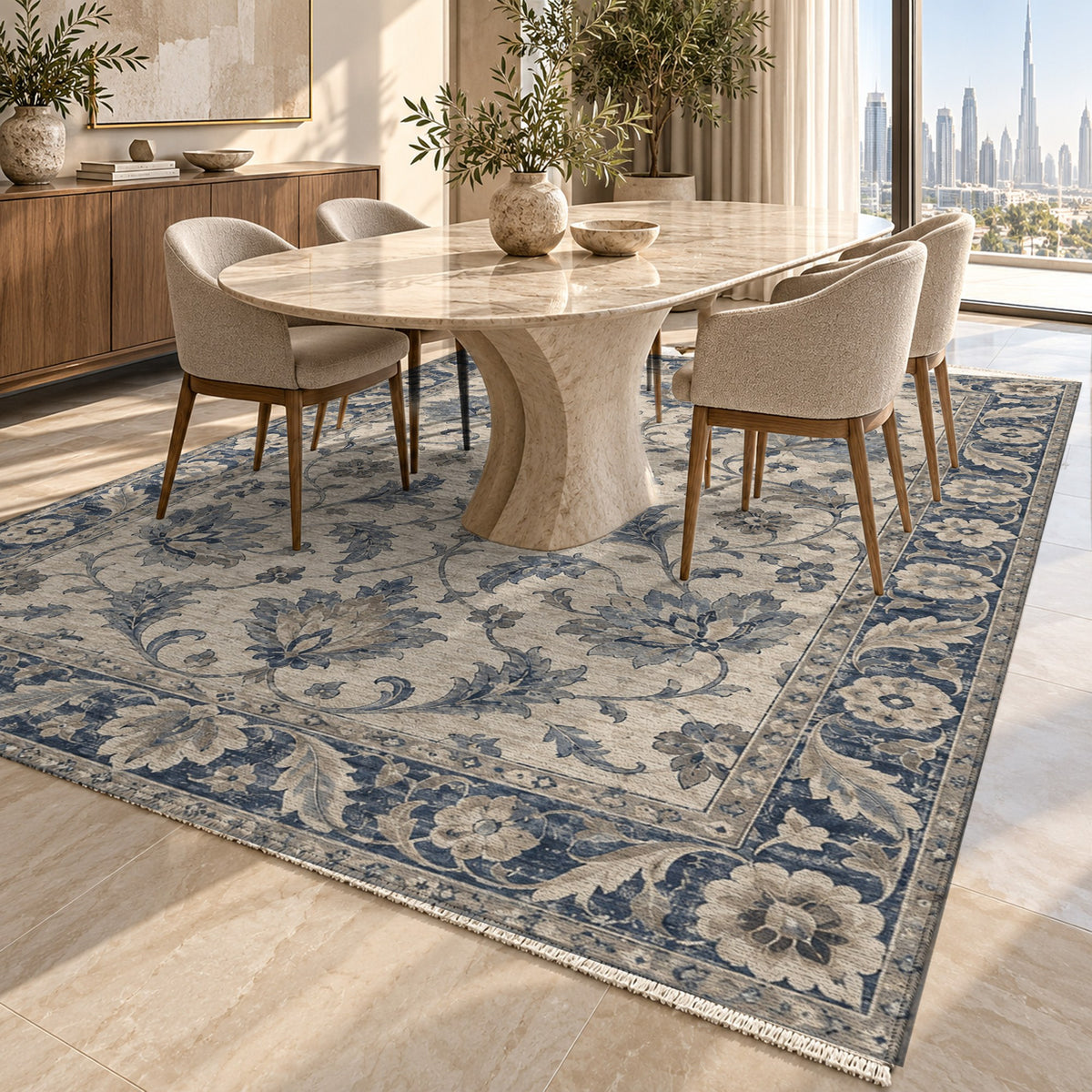 Oushak Garden Blue Ivory Classic Washable Rug — dubai dining