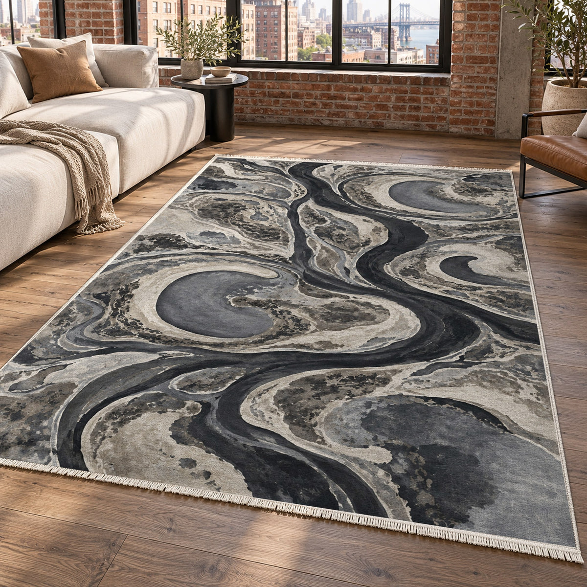 Ox Bow Lakes Charcoal Abstract Washable Rug — new york living
