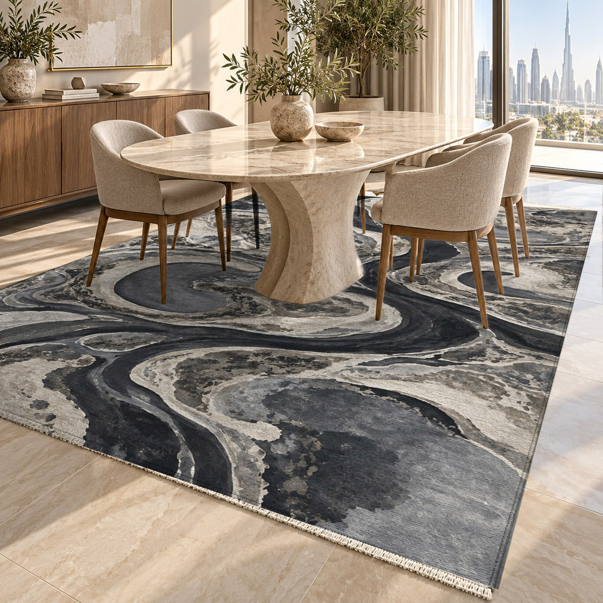 Ox Bow Lakes Charcoal Abstract Washable Rug — dubai dining