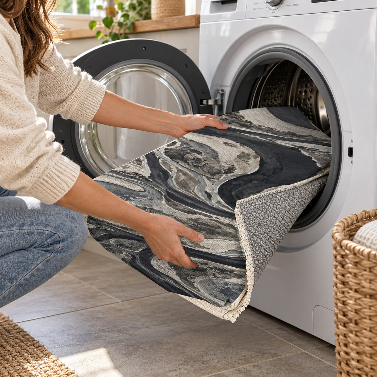 Ox Bow Lakes Charcoal Abstract Washable Rug — washing machine