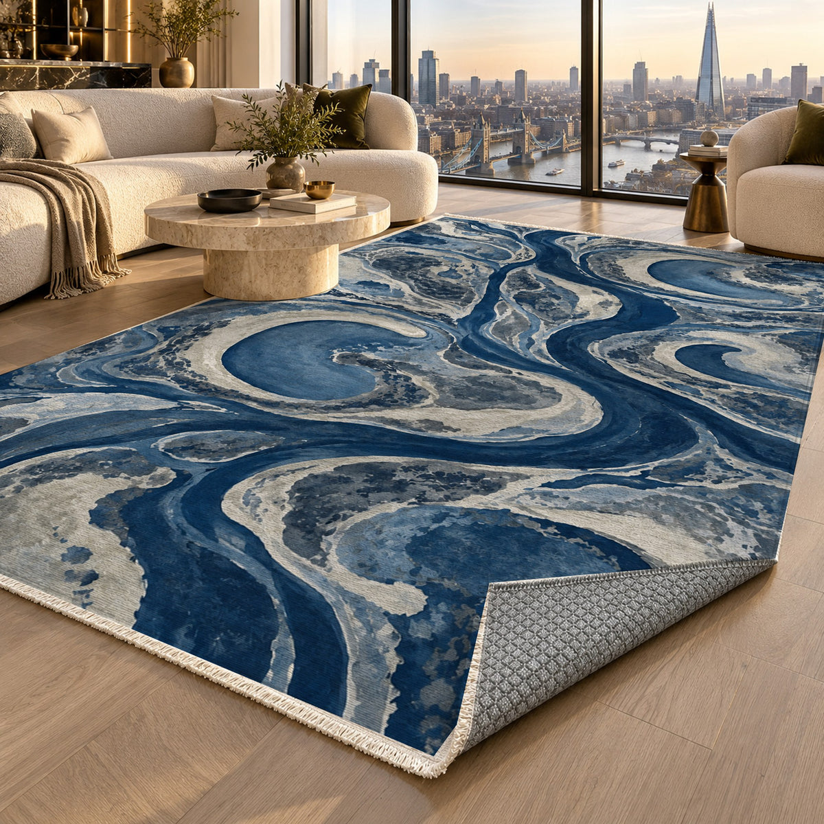 Ox Bow Lakes Indigo Abstract Washable Rug — london luxury living