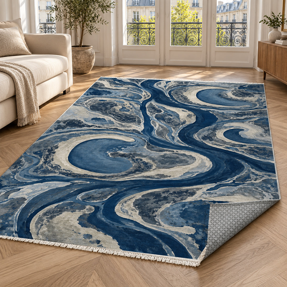 Ox Bow Lakes Indigo Abstract Washable Rug — paris living
