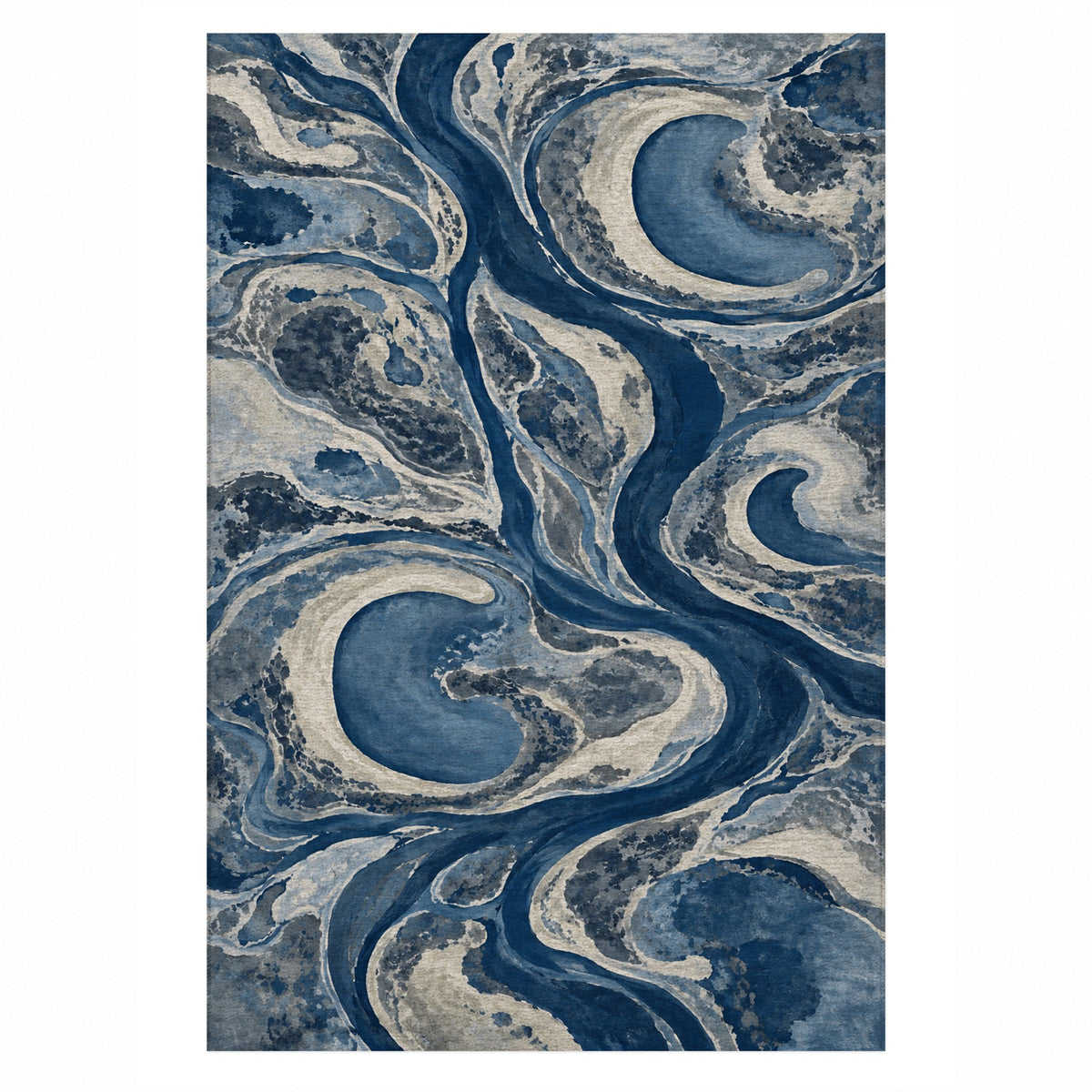 Ox Bow Lakes Indigo Abstract Washable Rug — top view