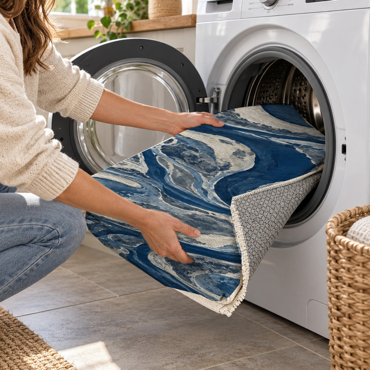Ox Bow Lakes Indigo Abstract Washable Rug — washing machine