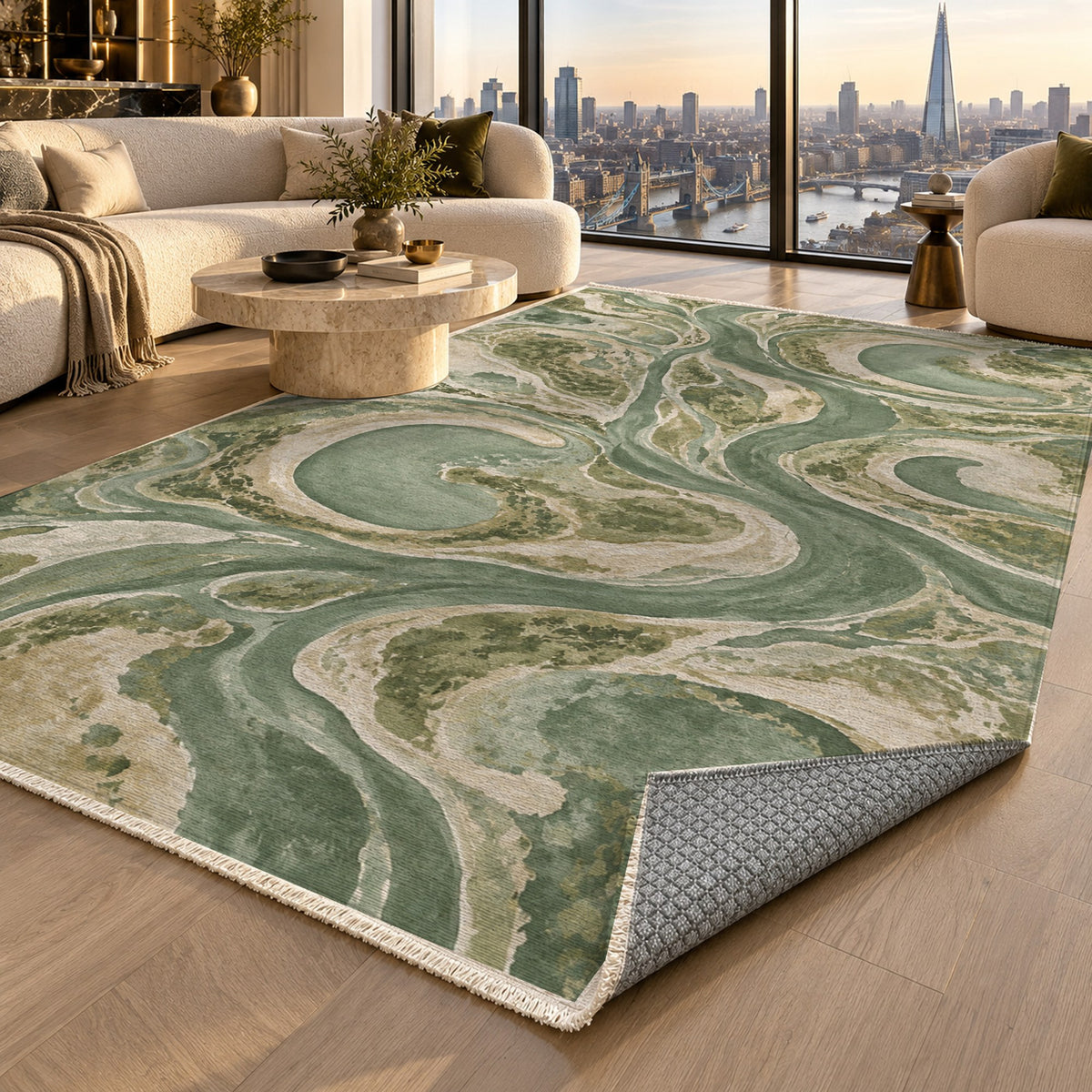 Ox Bow Lakes Sage Abstract Washable Rug — london luxury living