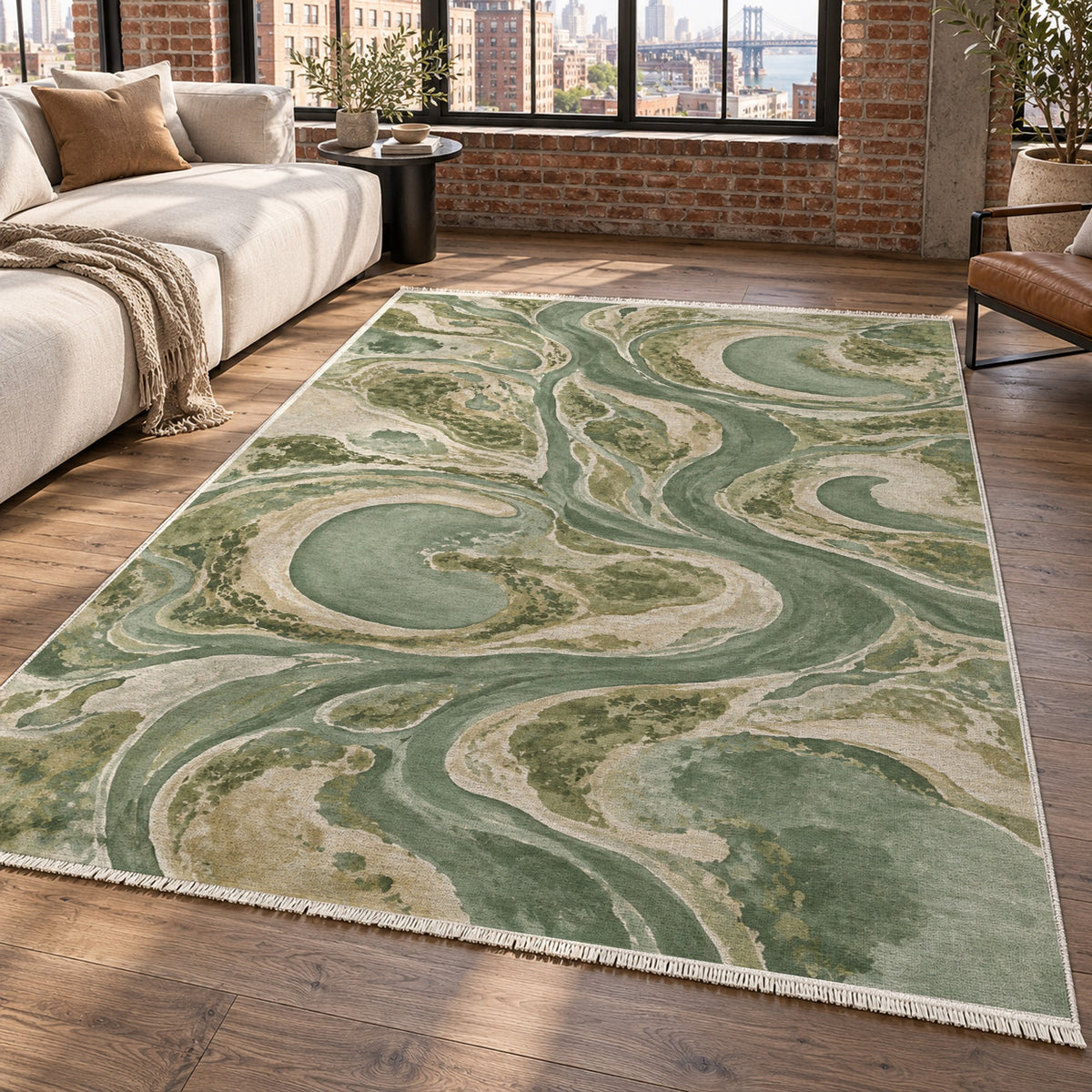 Ox Bow Lakes Sage Abstract Washable Rug — new york living