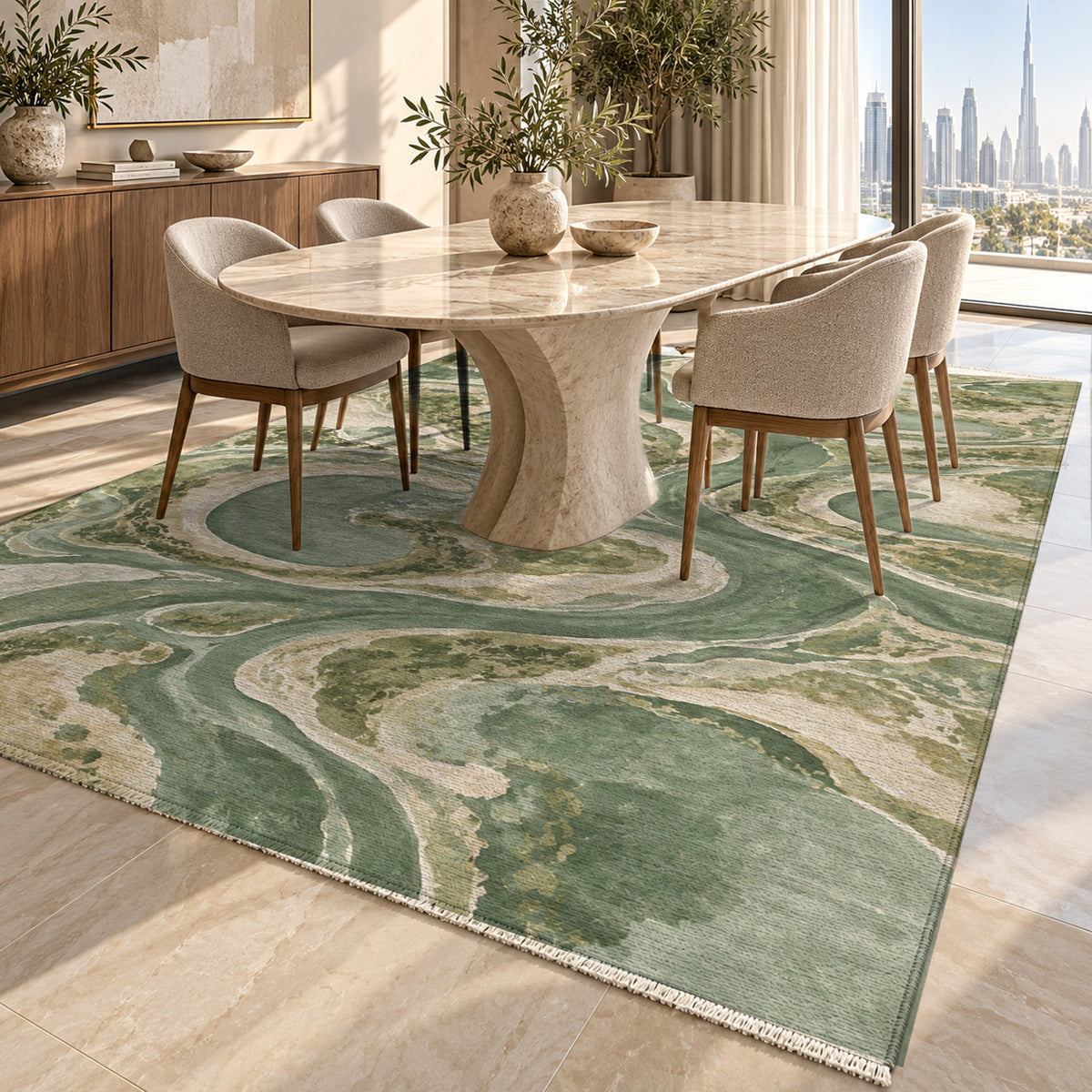 Ox Bow Lakes Sage Abstract Washable Rug — dubai dining
