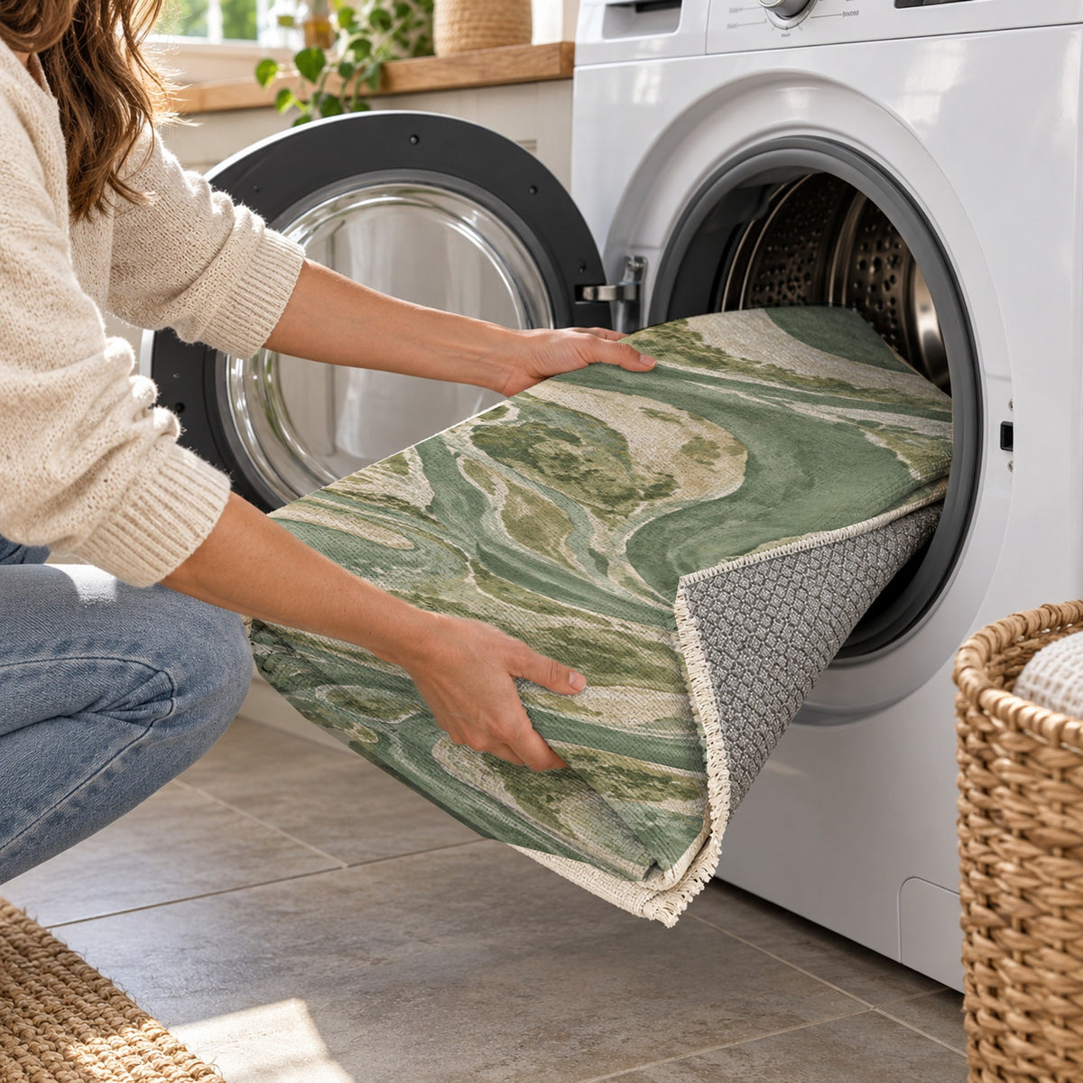 Ox Bow Lakes Sage Abstract Washable Rug — washing machine