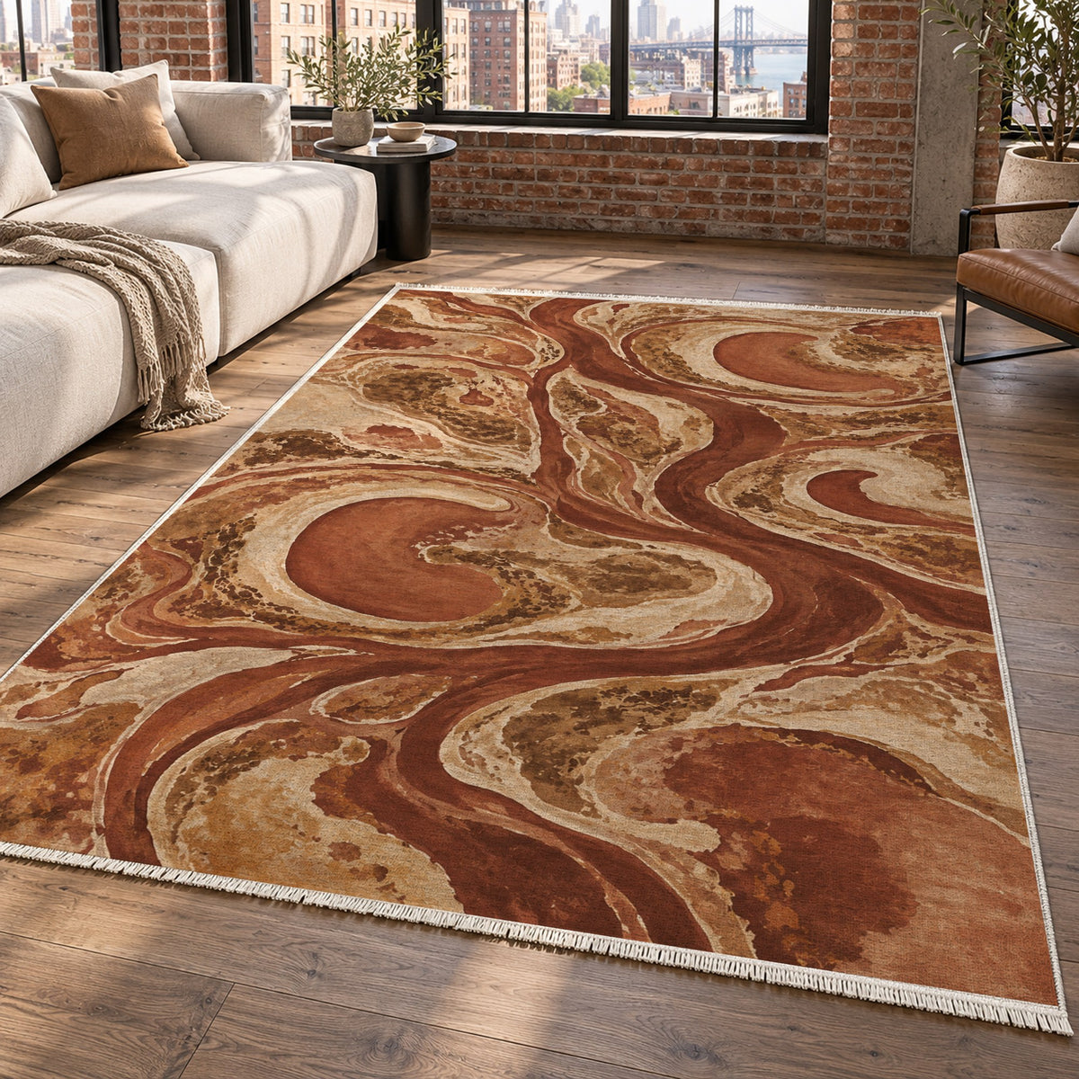 Ox Bow Lakes Terracotta Abstract Washable Rug — new york living