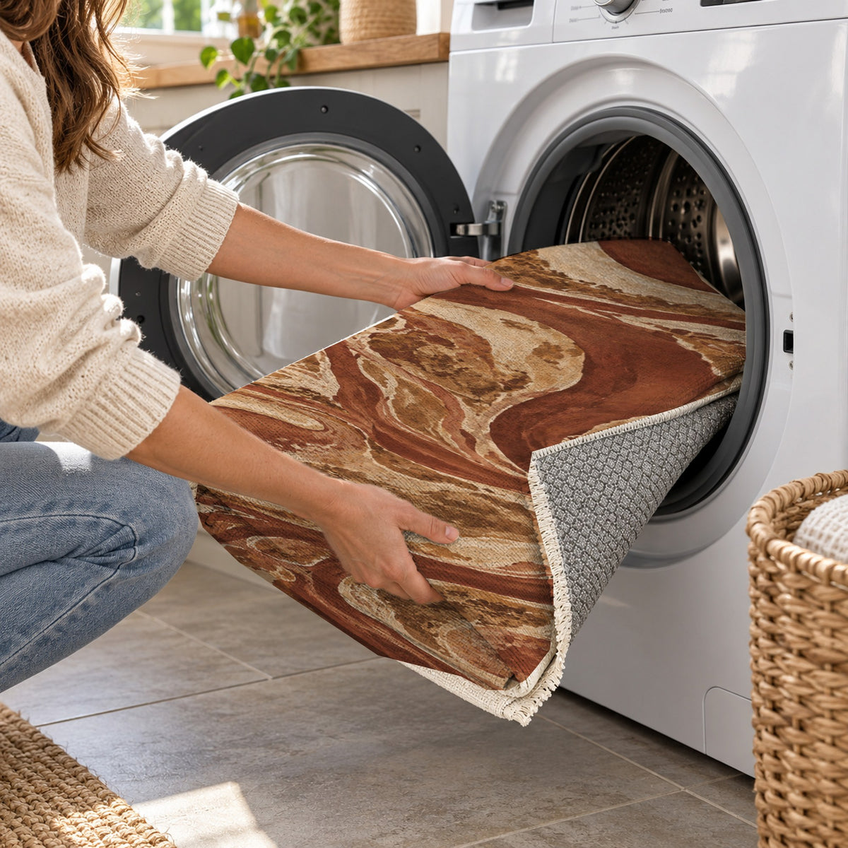 Ox Bow Lakes Terracotta Abstract Washable Rug — washing machine