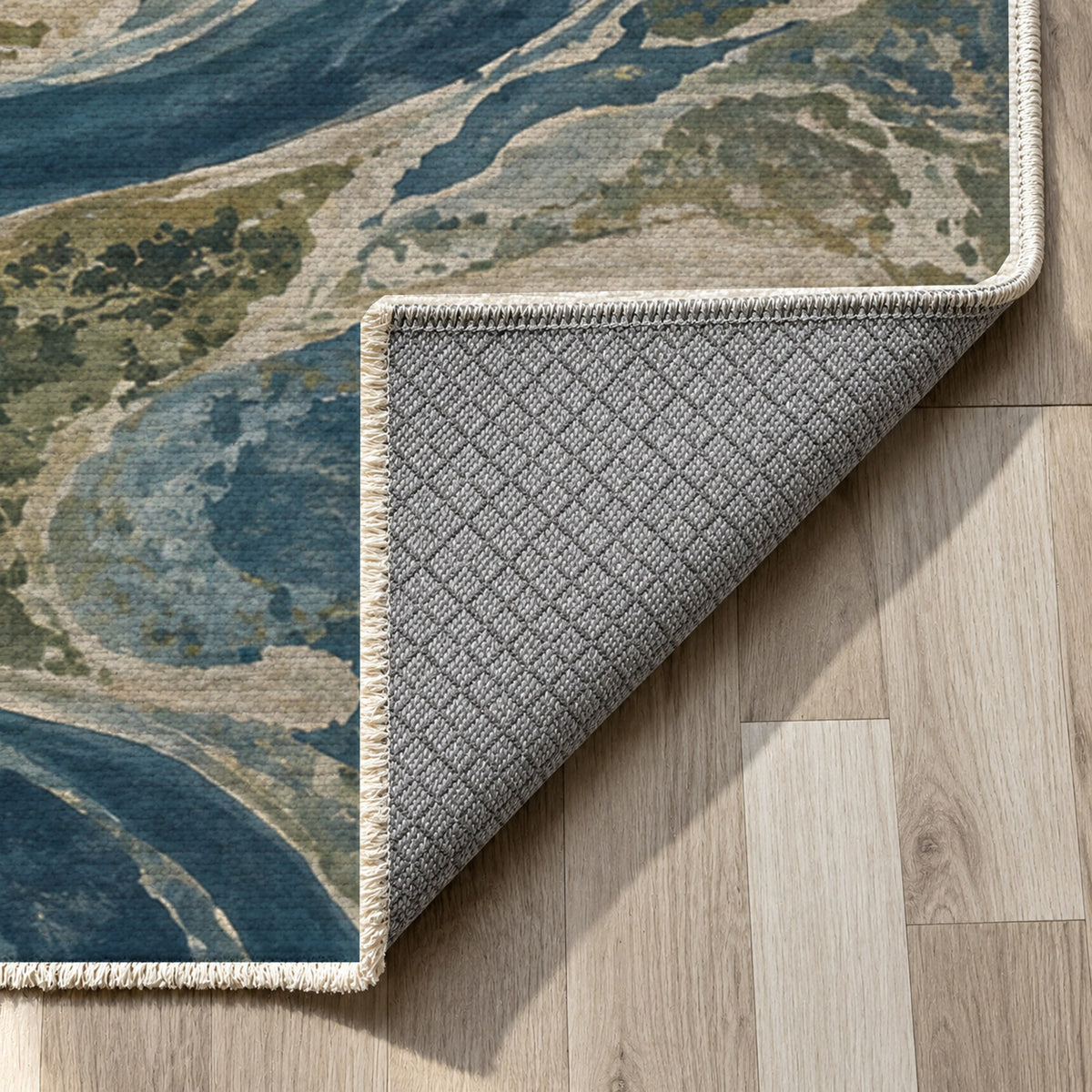 Ox Bow Lakes Abstract Washable Rug — backing close up