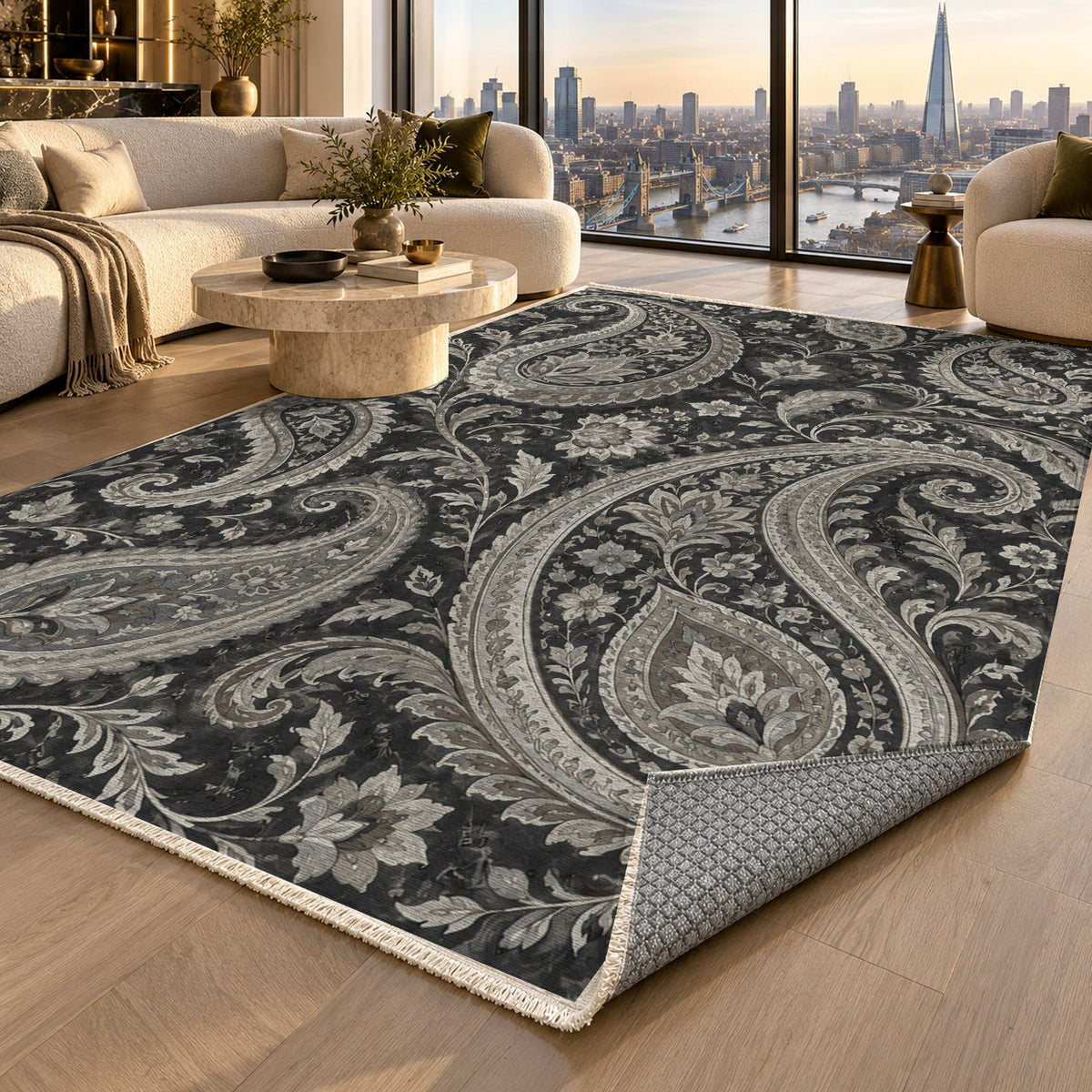 Paisley Wind Charcoal Ethnic Washable Rug — london luxury living