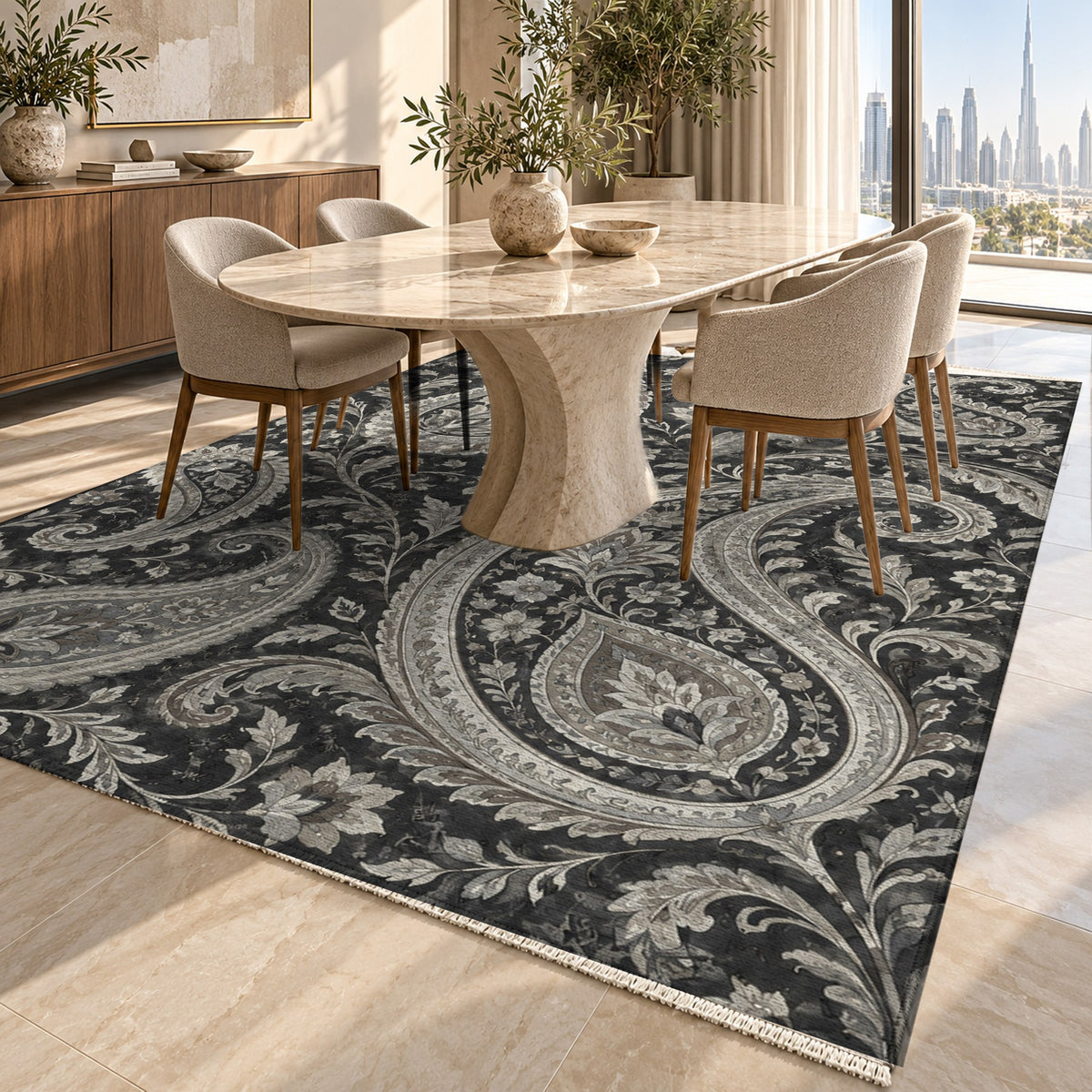Paisley Wind Charcoal Ethnic Washable Rug — dubai dining