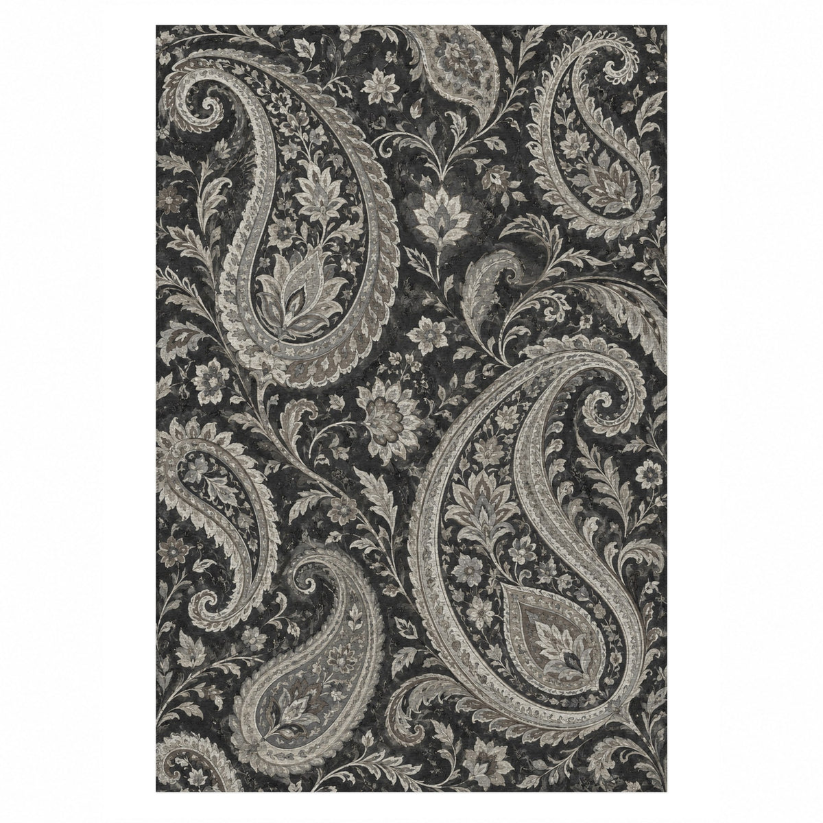 Paisley Wind Charcoal Ethnic Washable Rug — top view