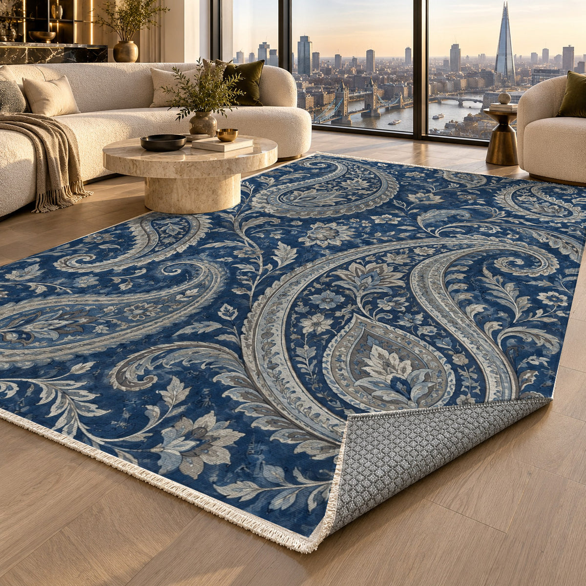 Paisley Wind Indigo Ethnic Washable Rug — london luxury living
