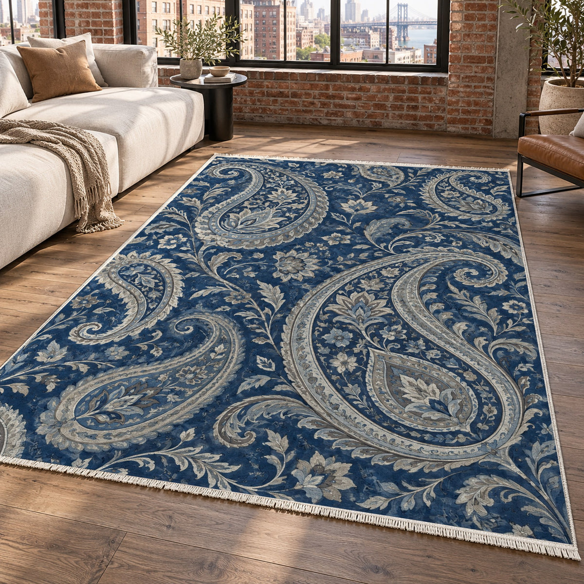 Paisley Wind Indigo Ethnic Washable Rug — new york living