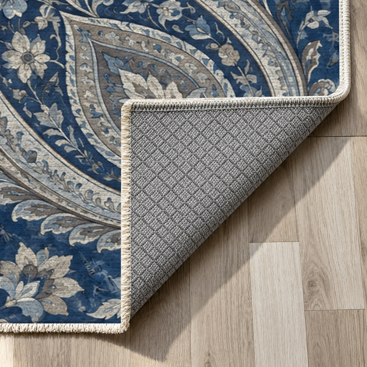 Paisley Wind Indigo Ethnic Washable Rug — backing close up