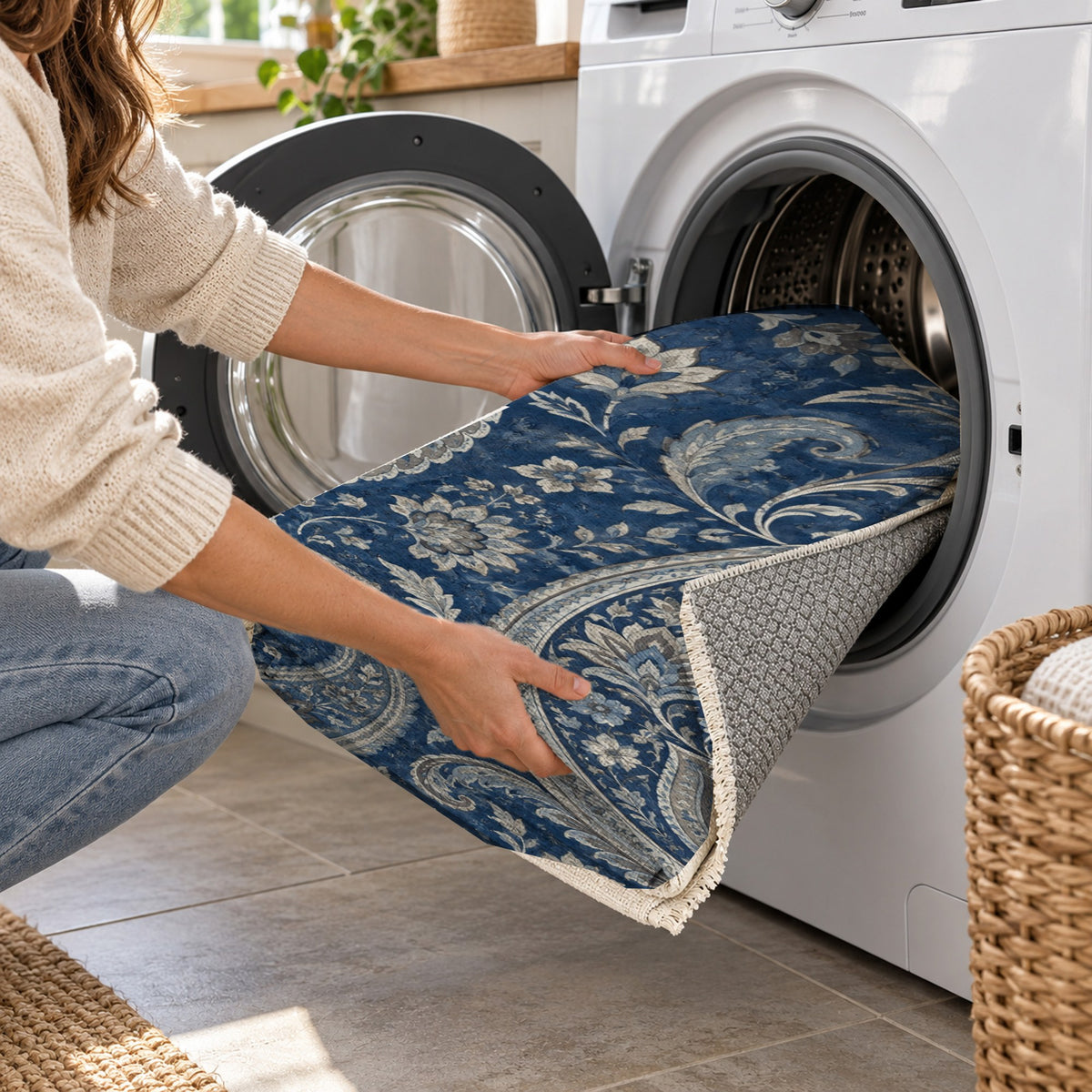 Paisley Wind Indigo Ethnic Washable Rug — washing machine