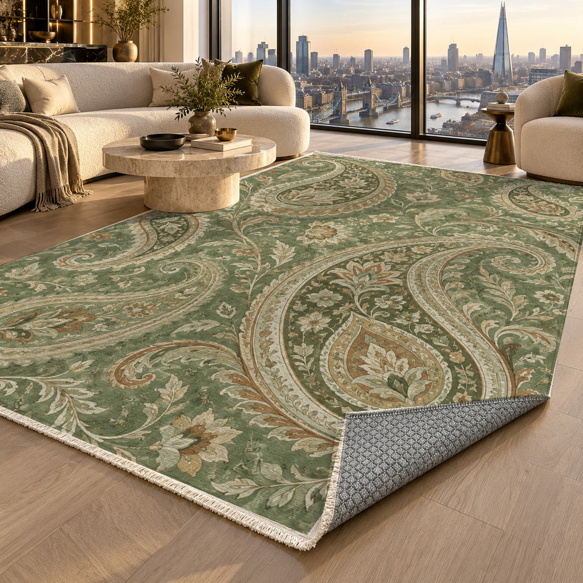 Paisley Wind Sage Ethnic Washable Rug — london luxury living
