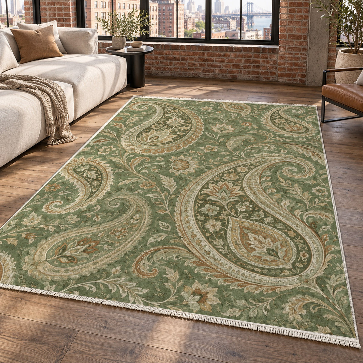 Paisley Wind Sage Ethnic Washable Rug — new york living