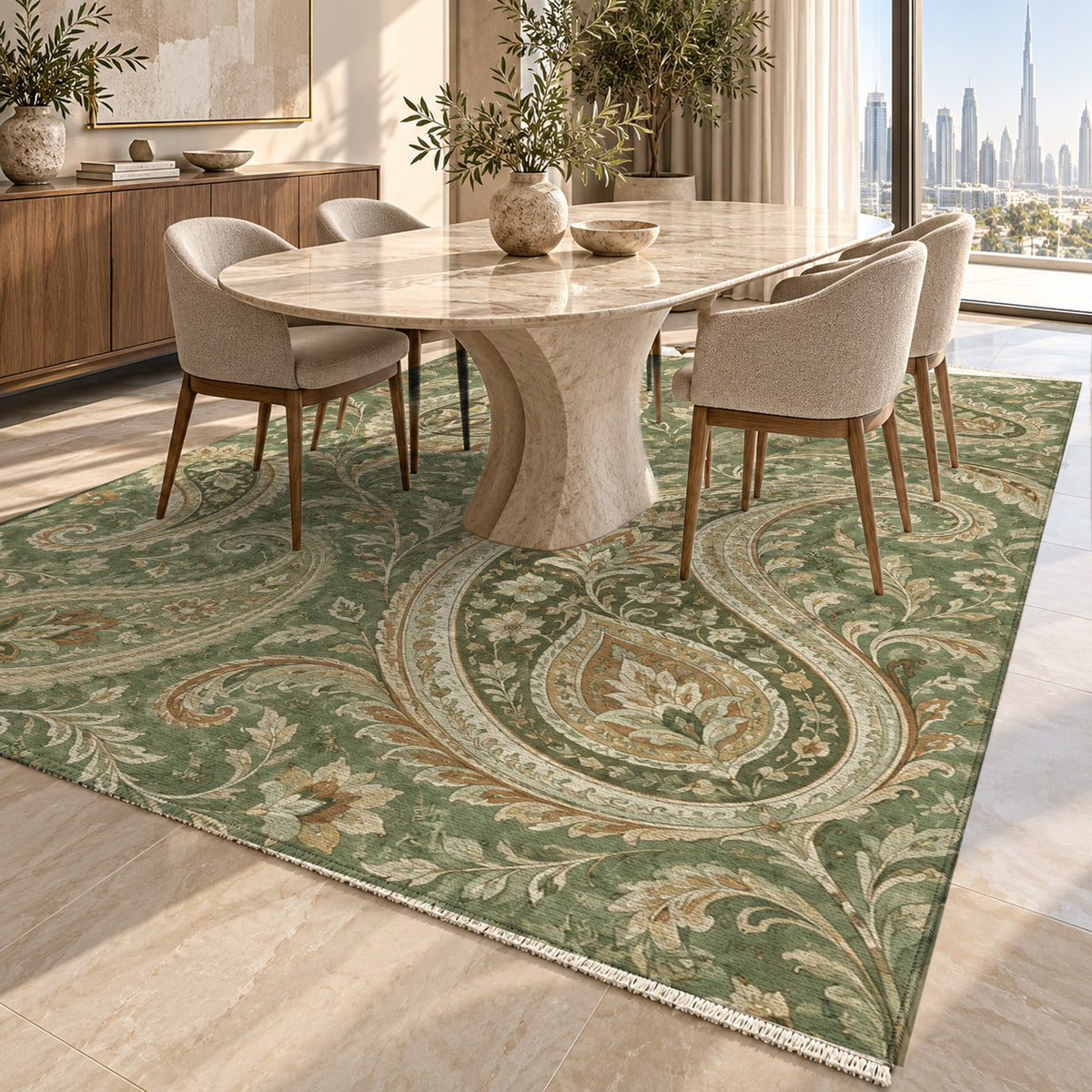 Paisley Wind Sage Ethnic Washable Rug — dubai dining