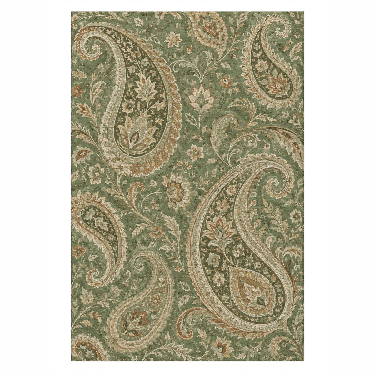 Paisley Wind Sage Ethnic Washable Rug — top view