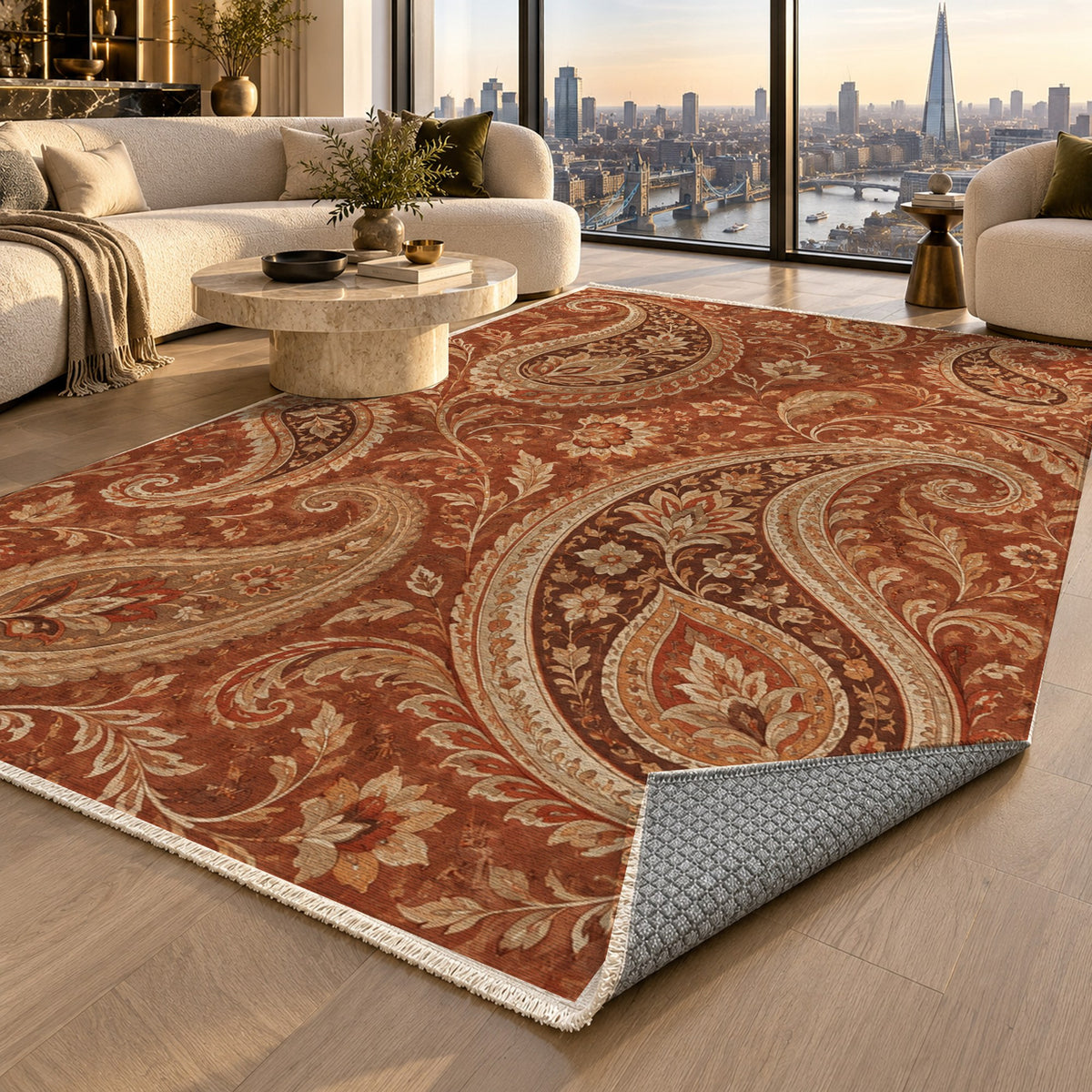 Paisley Wind Terracotta Ethnic Washable Rug — london luxury living