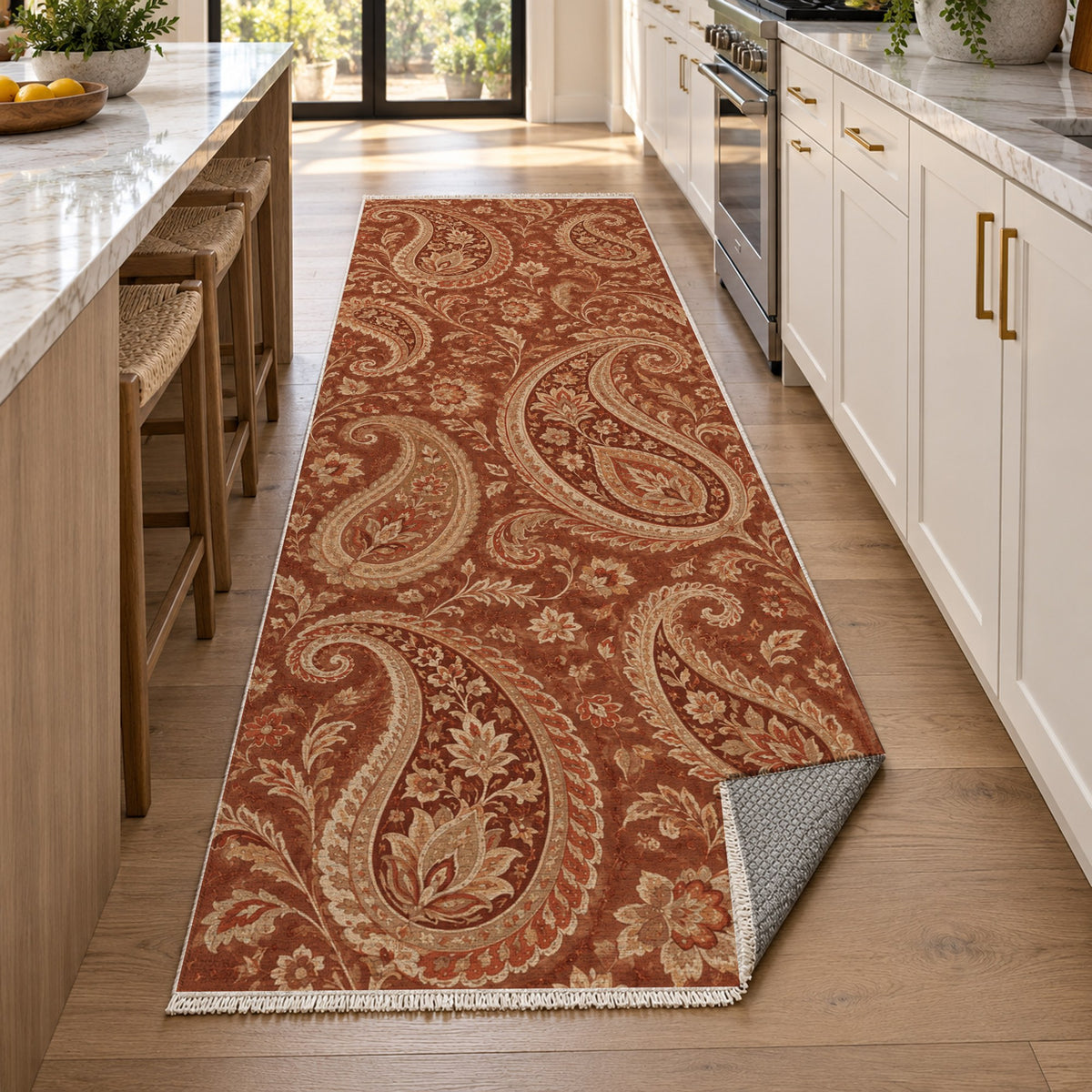 Paisley Wind Terracotta Ethnic Washable Rug — new york kitchen runner