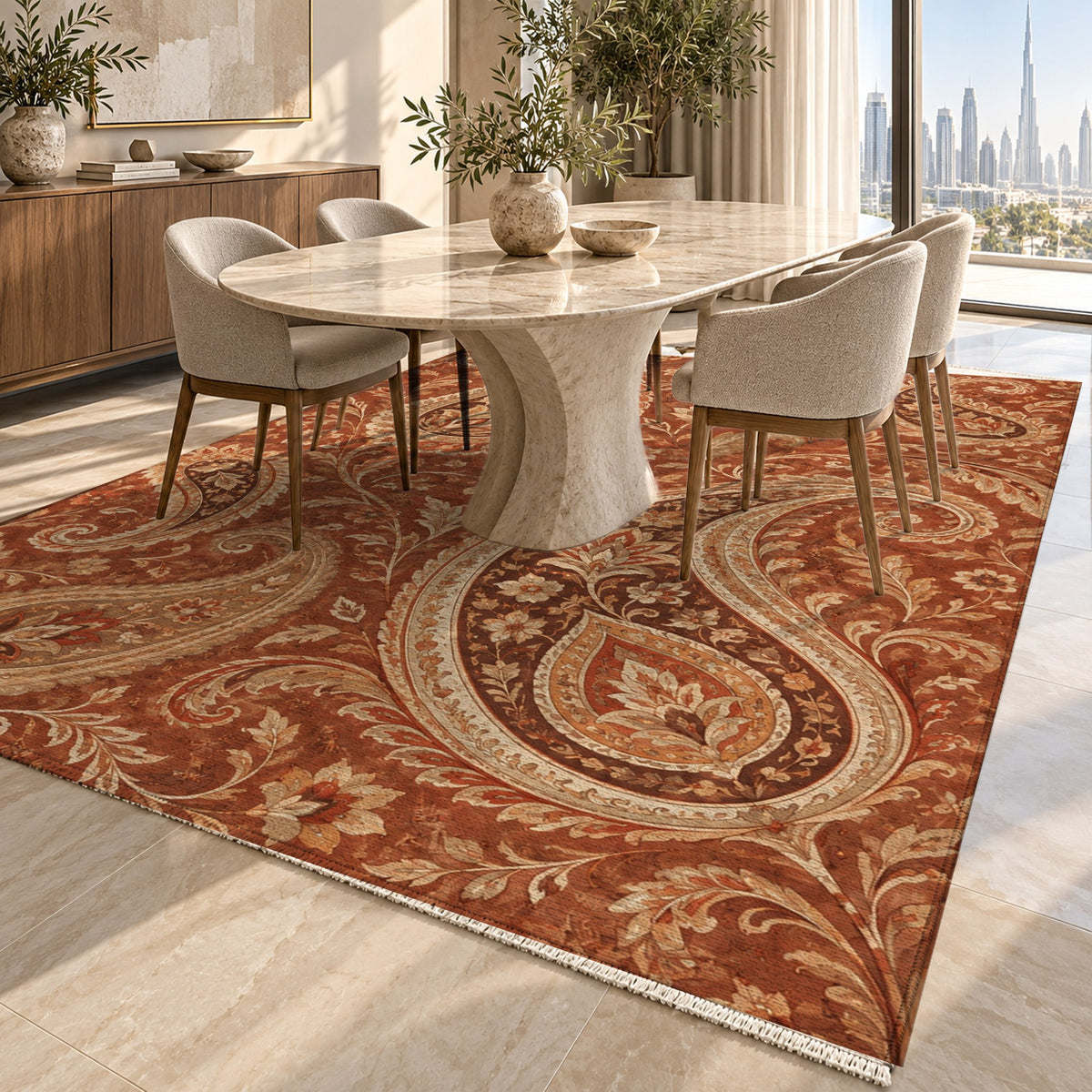 Paisley Wind Terracotta Ethnic Washable Rug — dubai dining