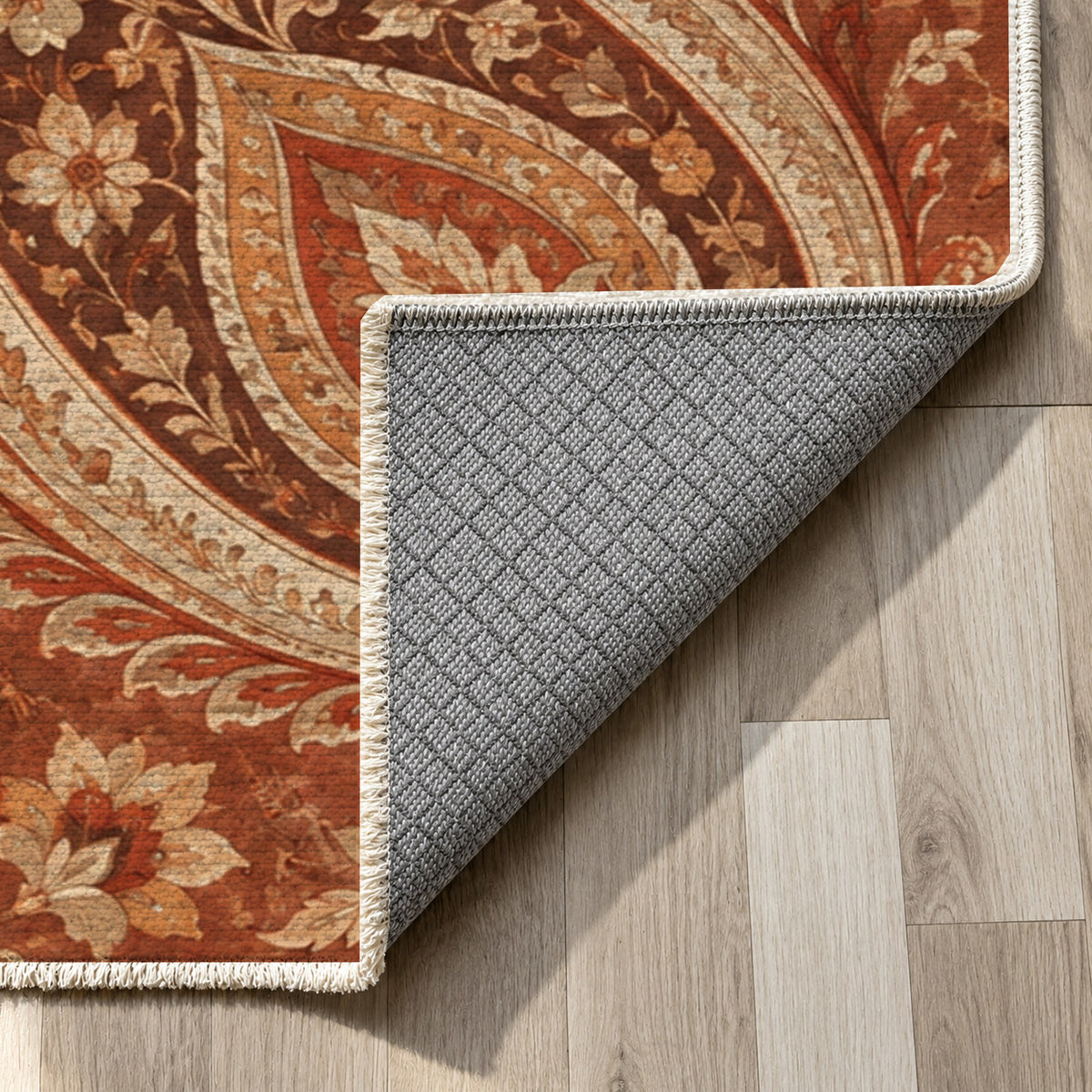 Paisley Wind Terracotta Ethnic Washable Rug — backing close up