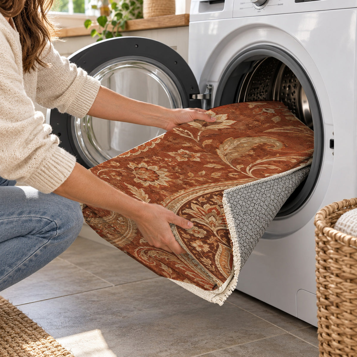 Paisley Wind Terracotta Ethnic Washable Rug — washing machine