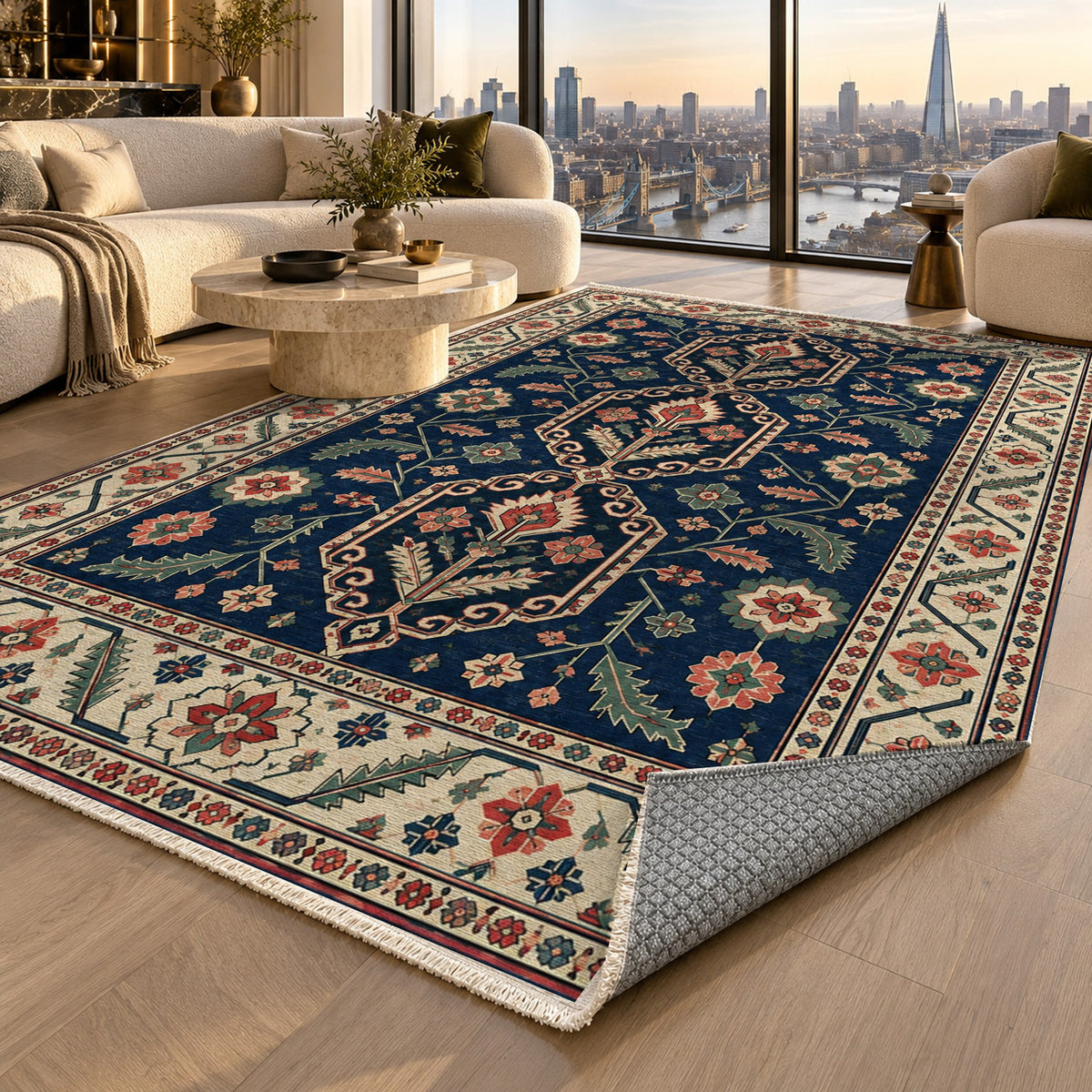 Palmette Chain Indigo Rose Ethnic Washable Rug — london luxury living