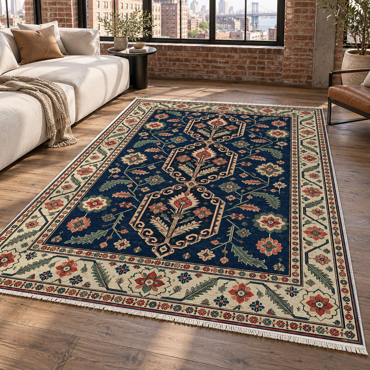 Palmette Chain Indigo Rose Ethnic Washable Rug — new york living