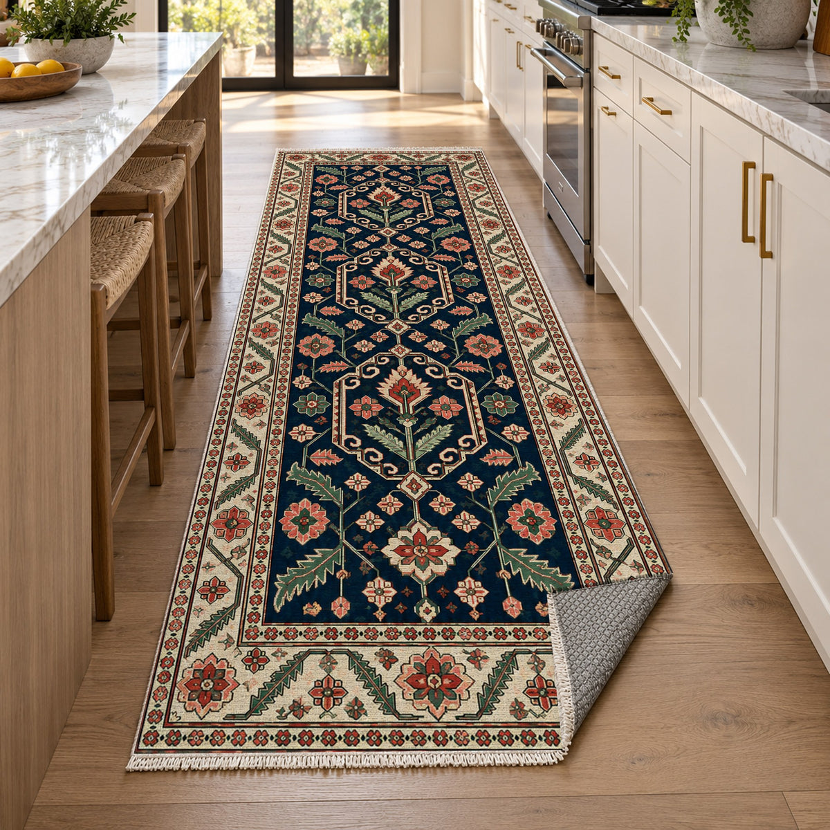 Palmette Chain Indigo Rose Ethnic Washable Rug — new york kitchen runner