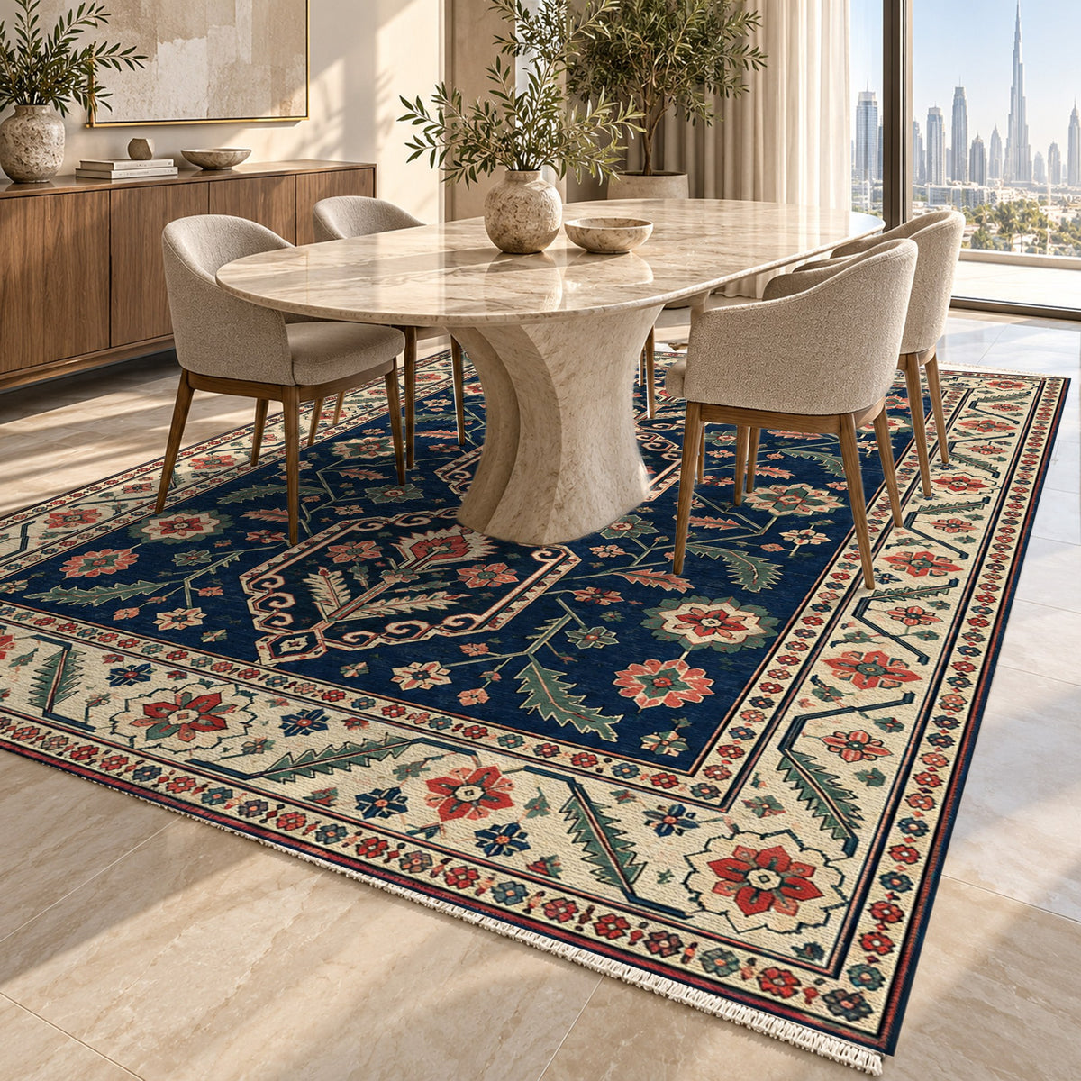 Palmette Chain Indigo Rose Ethnic Washable Rug — dubai dining