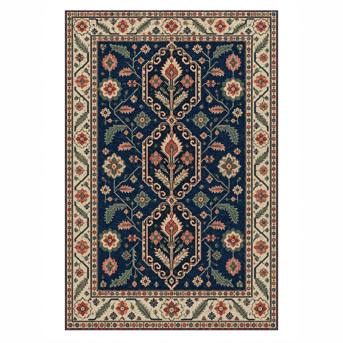 Palmette Chain Indigo Rose Ethnic Washable Rug — top view