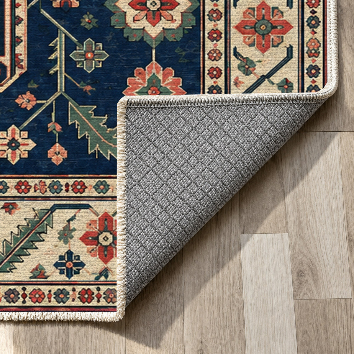 Palmette Chain Indigo Rose Ethnic Washable Rug — backing close up